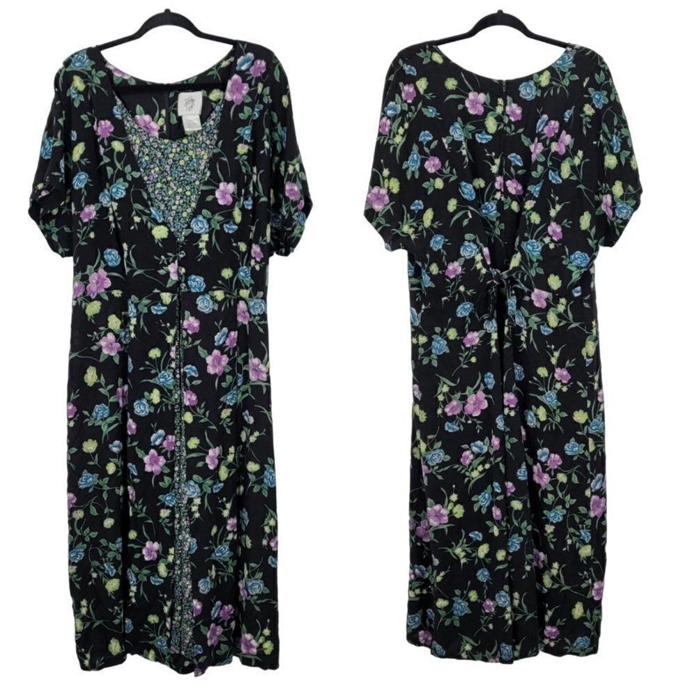 Vintage 80's Modest Black Floral‎ Maxi Dress Plus Size 24W Tie Back Cottagecore